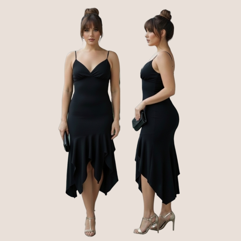 VINTAGE 90S LE CHATEAU Black Ruffled Grunge Gothic Style Pleated Dress